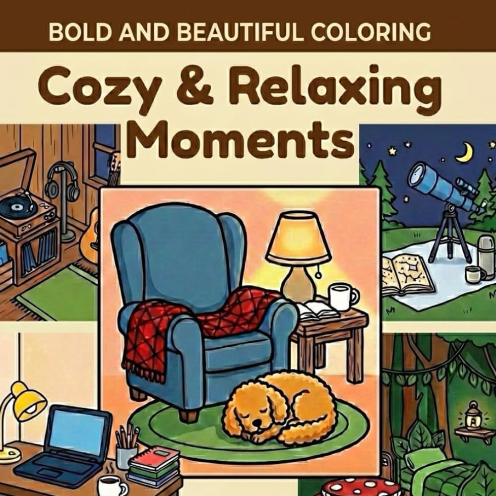 Cozy & Relaxing Moments: Simple and Relaxing Designs of Daily Things, Cute Animals, and Yummy Food for Adults, Beginners, and Seniors