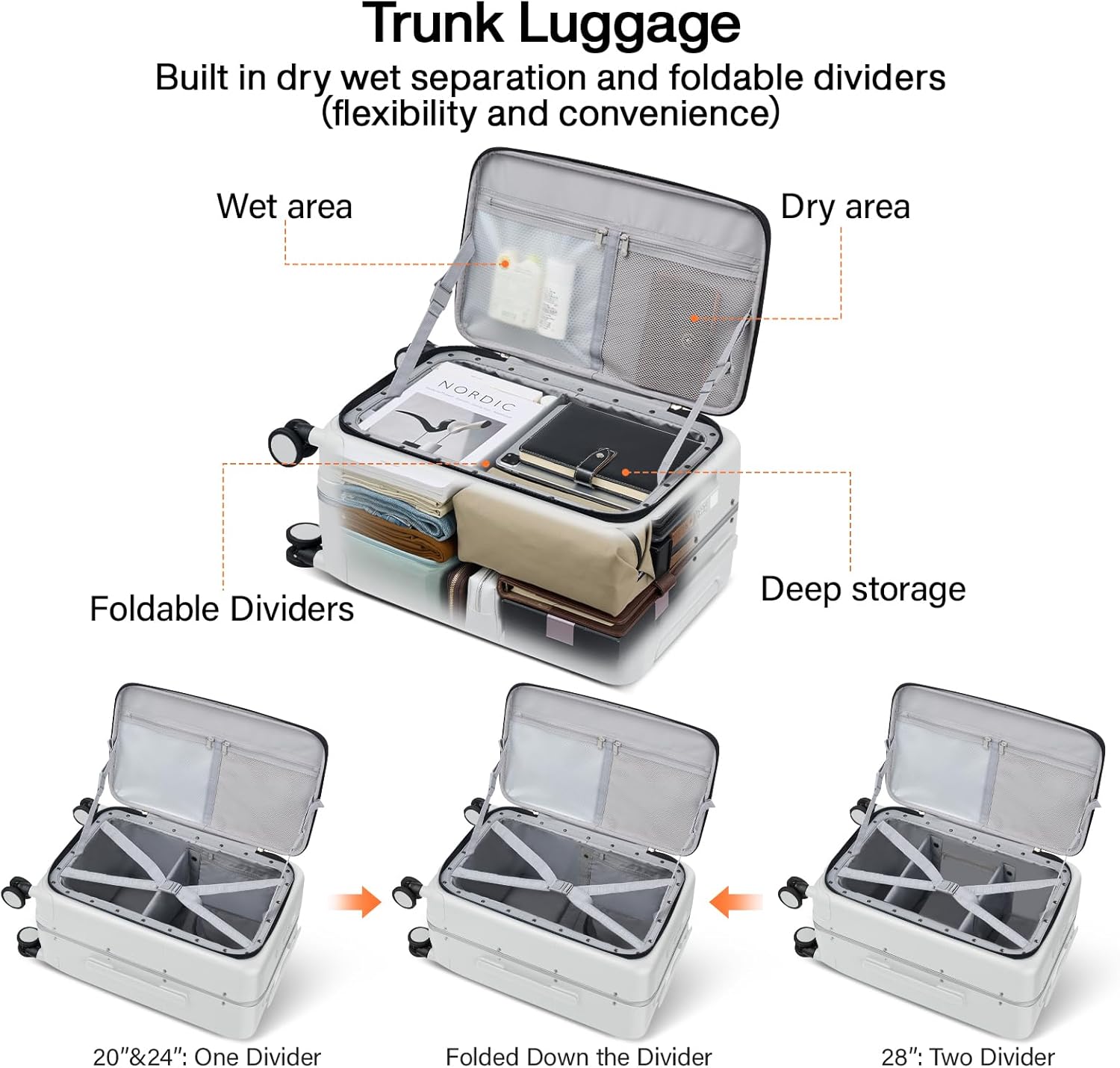 Hanke 28 Inch Luggage with Cup Holder and Charge,Top Opening Hard Shell Suitcases with Wheels and Dividers,Aluminum Frame Trunk Luggage Extra Large Suitcase with Lock for Travel,Smoke White - Image 4