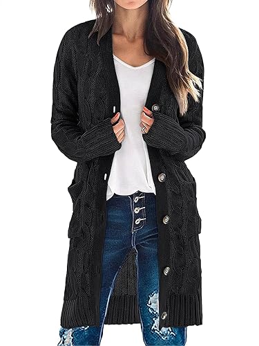 MEROKEETY Women's 2025 Long Sleeve Cardigan Sweater Fall Winter Cable Knit Open Front Button Long Outerwear - X-Large - Black