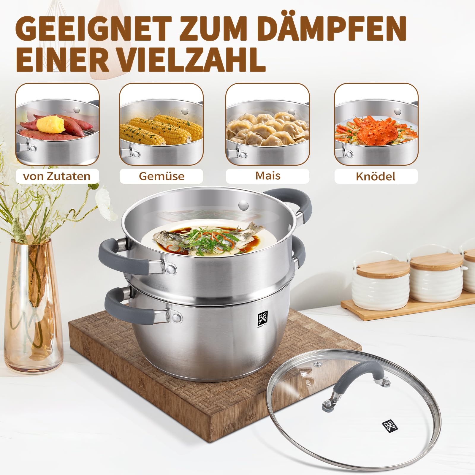 Olla de vapor con tapa de cristal de 20 cm, olla de vapor de acero inoxidable de 3 l, incluye cesta de vapor, inducción, vapor, vapor, olla de cuscús, apta para verduras, sopas, albóndigas, horno y