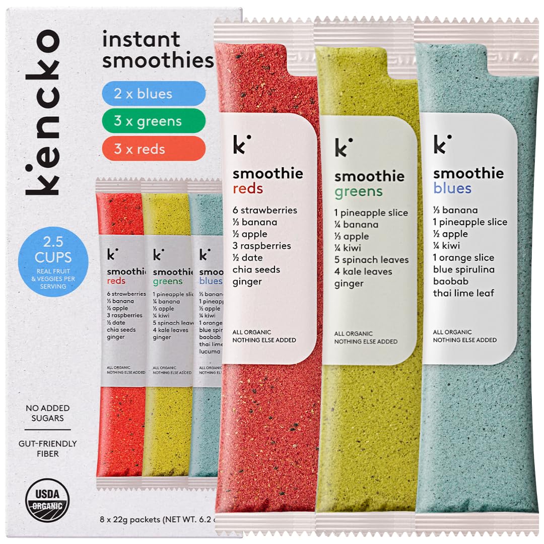 kencko Smoothie Mix Variety Pack - 8 Instant Breakfast Smoothies - 100% Organic Fruit And Vegetable Superfoods, Natural, Healthy Vegan, Gluten Free - Reds, Blues, Greens Powder Smoothie Mix Packets