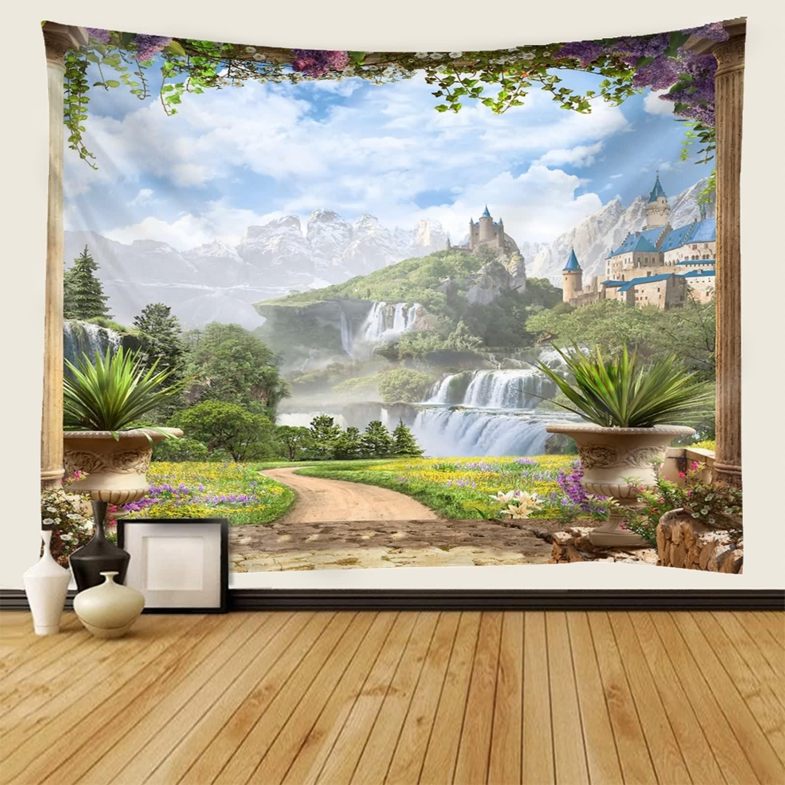 Arazzo da Parete Paesaggio, Arazzo da Parete Vintage Verde Bianco Giardino Poliestere 350x256cm