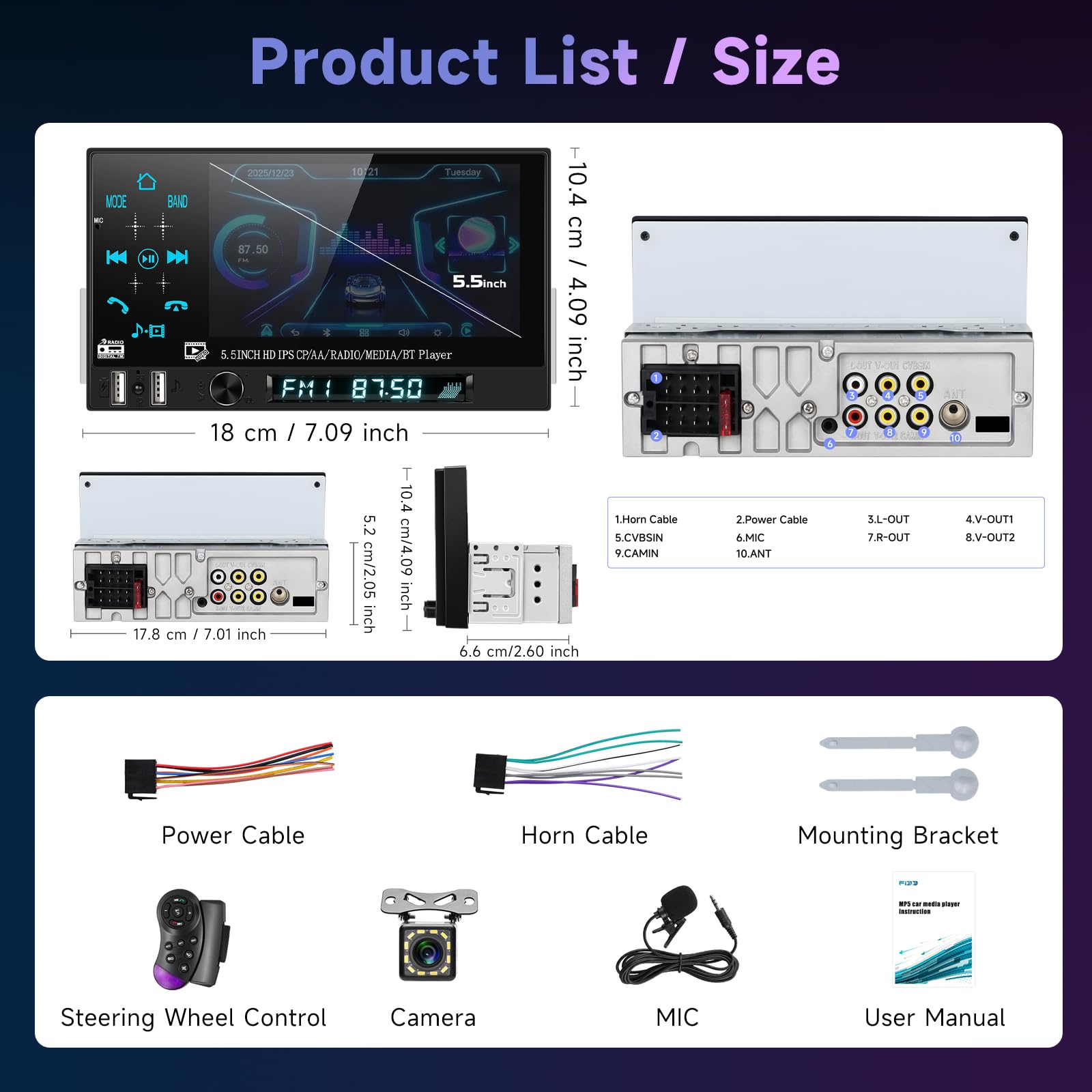 Hodozzy Autoradio 1 Din avec CarPlay Android Auto Sans Fil, Ecran Tactile IPS 5,5 Pouces Poste Radio Voiture avec Bluetooth, Radio FM, EQ, Lien Miroir, SWC, 2 USB, Rétroéclairage Coloré+ Caméra et MIC