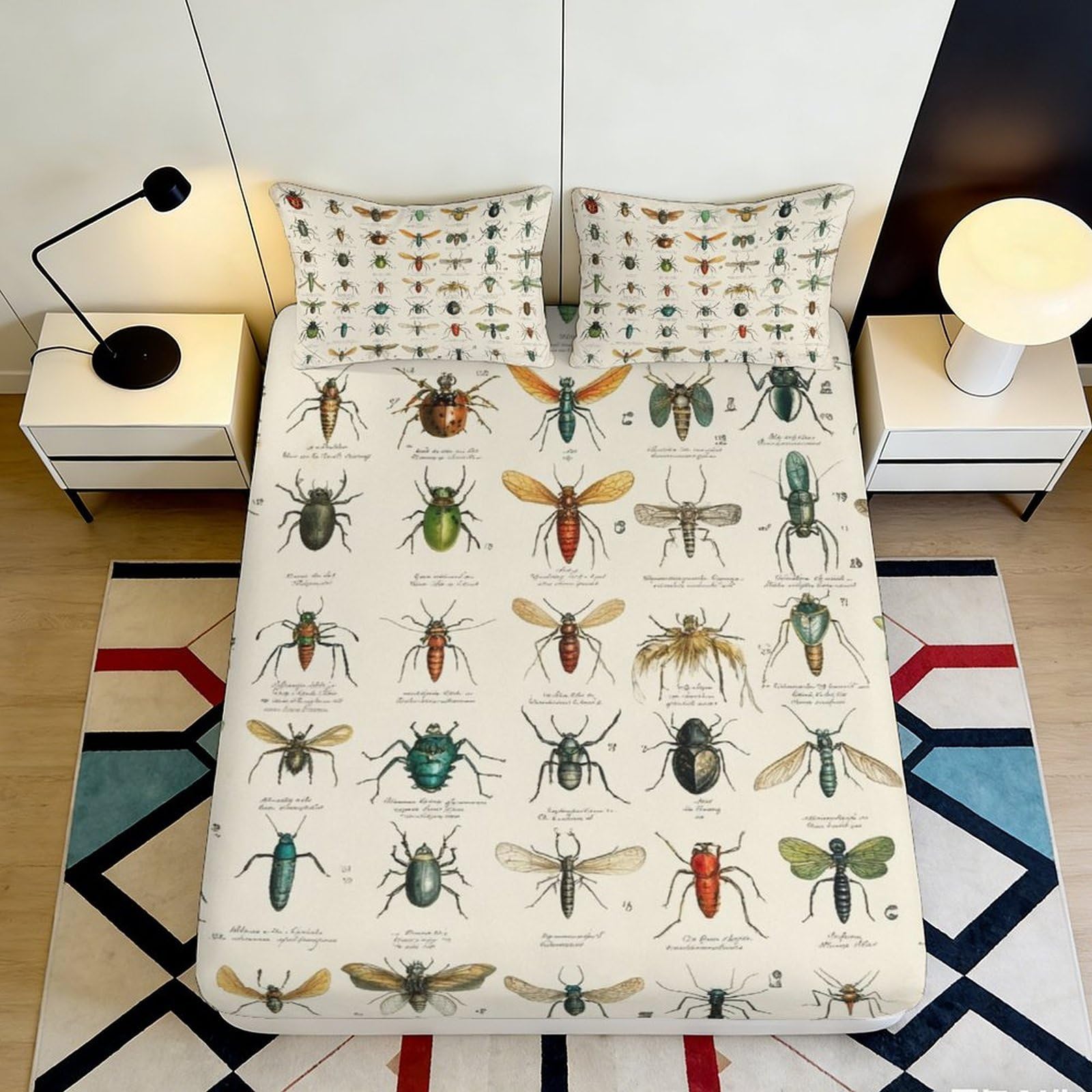 3D Printed Insect Illustration Fitted Sheet Microfiber Soft Breathable Beetle Art Mattress Cover for Bedroom Dorm Decor 120x200x25cm