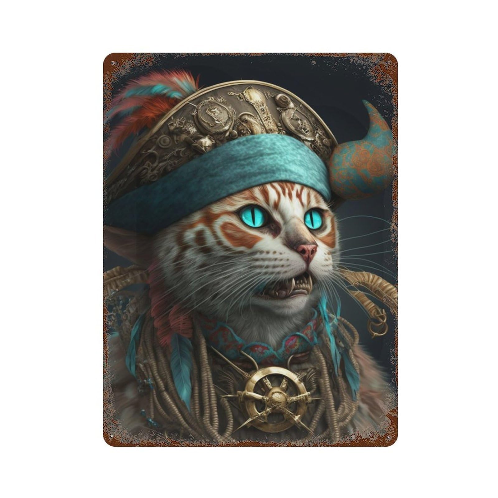 Pirate Cat 15.7"x11.8" Retro Metal Sign, Industrial Home Decor for Office, Studio And Wall Decor