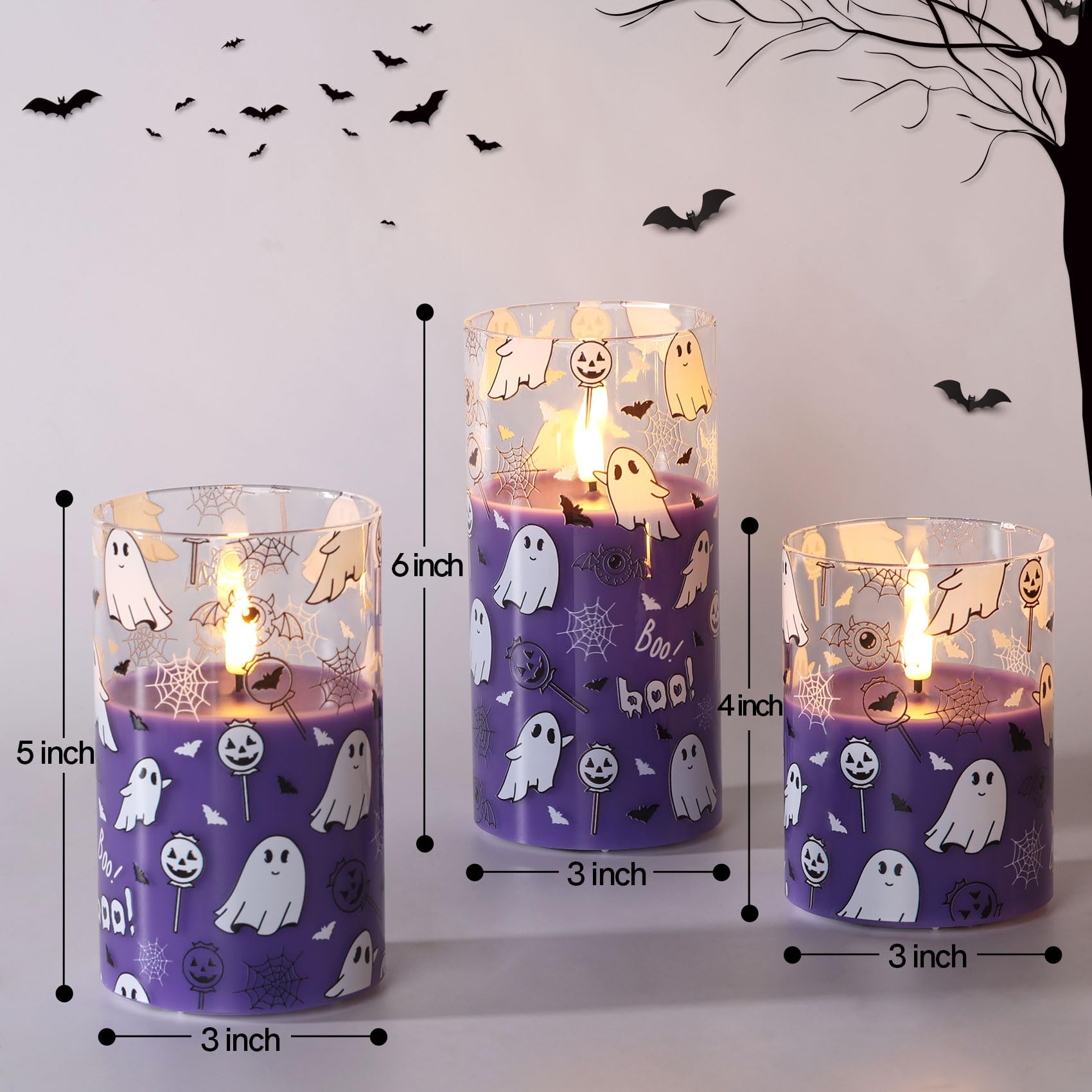 Candele in vetro senza fiamma con telecomando, candele a pilastro LED viola fantasma a batteria, set di 3