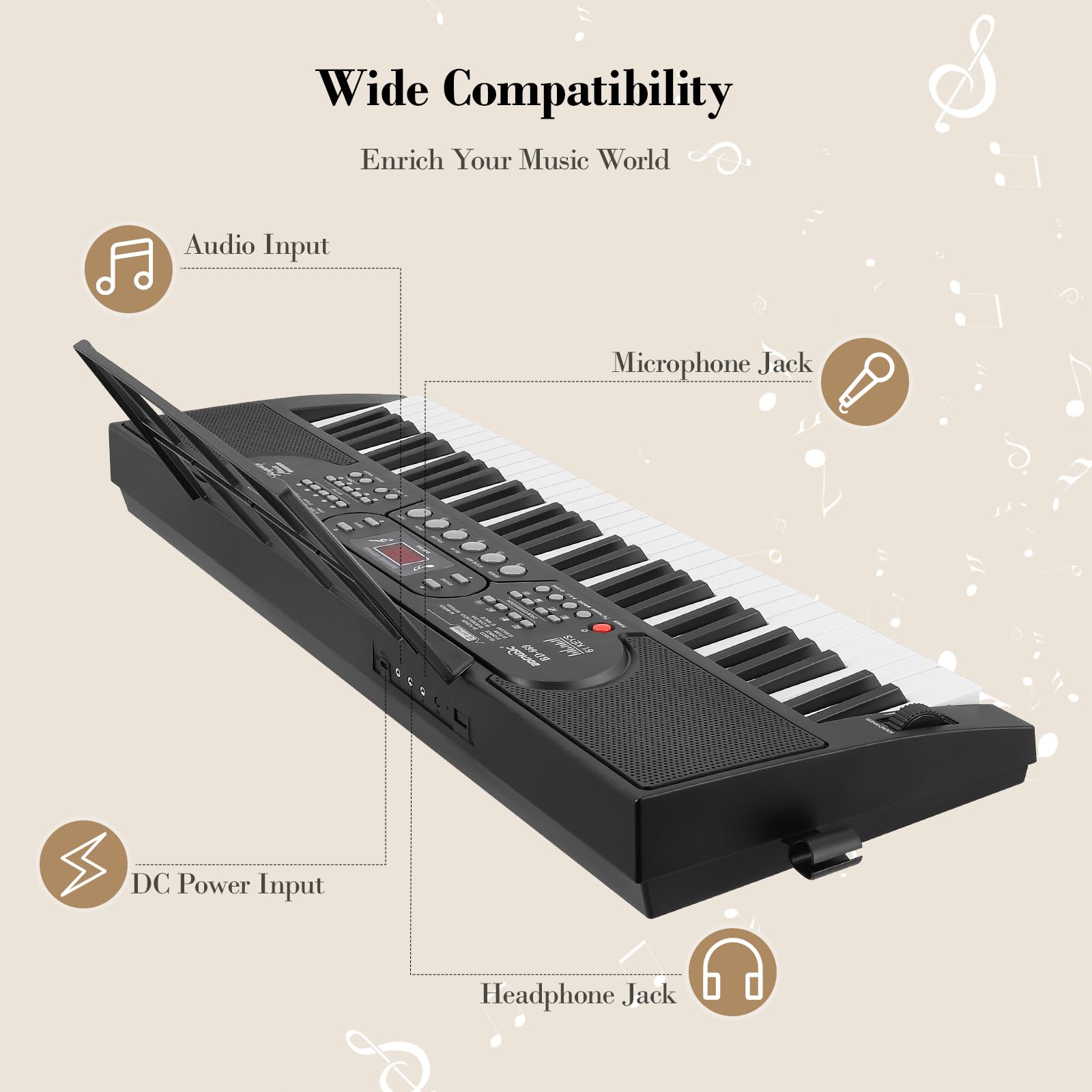 Pianola Elettrico 61 Tasti, Portatile Tastiera Pianoforte Digitale con Doppio Alimentatore, Leggio per Spartiti, Adesivi per Note Pianoforte, Microfono Cuffie, Tastiera Musicale per Principianti