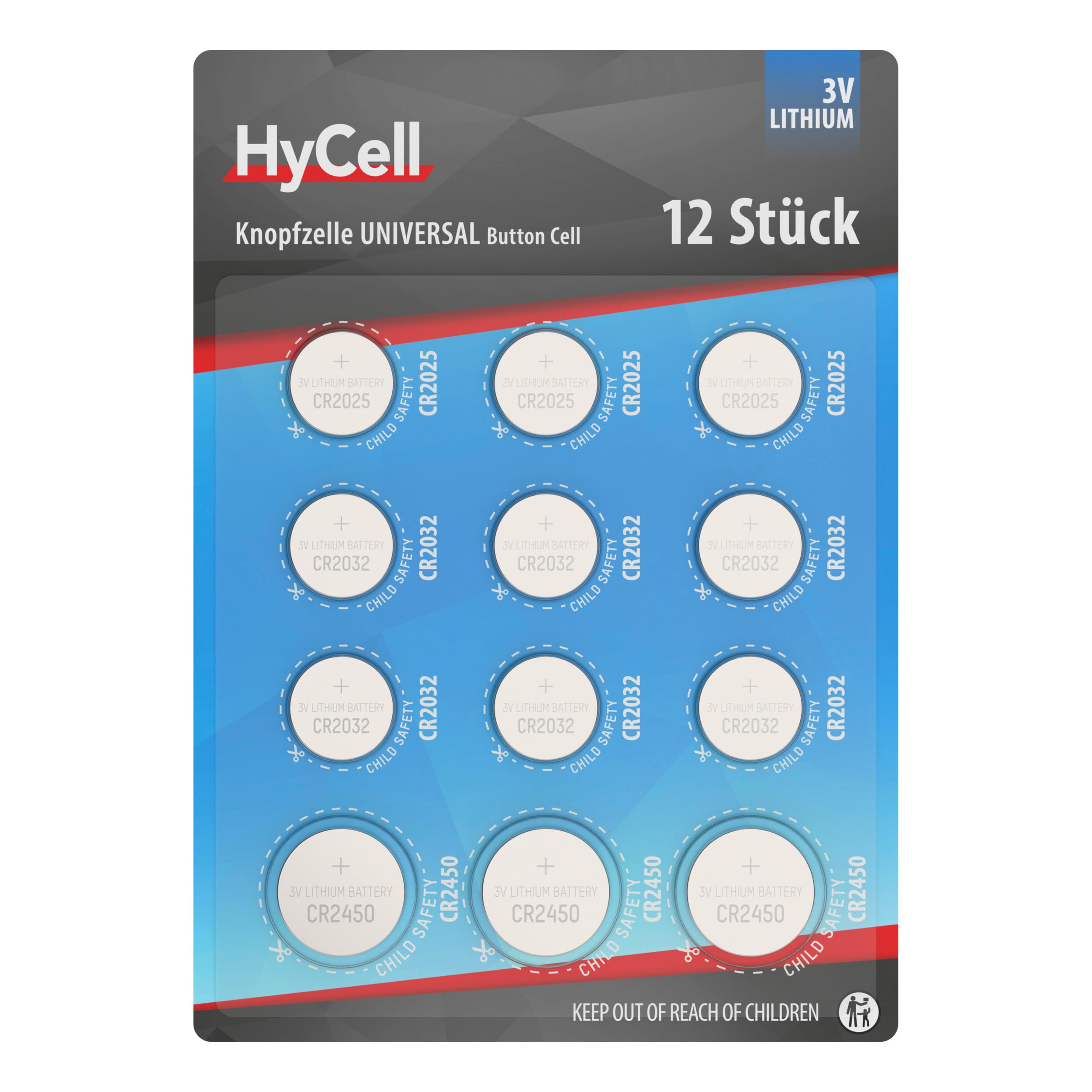 HyCell Lithium Button Cell Set CR2025 CR2032 CR2450 12 Pieces 3V Long Service Life