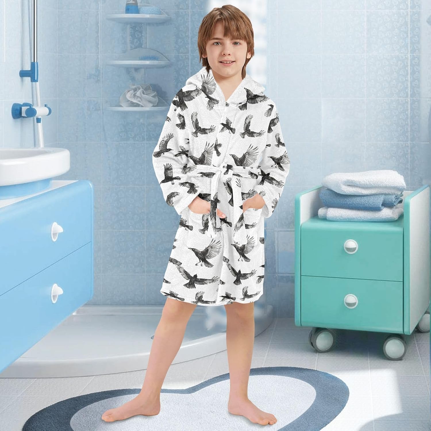 senya A Bunch Of Crows Toddler Hooded Bathrobe Kids Soft Plush Bath Towel Robes for Boys Girls 2-12 Years