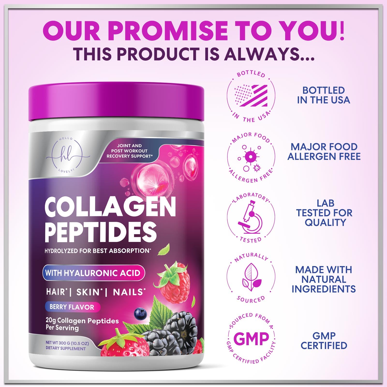 Collagen Peptides Powder 20g - Hydrolyzed Type 1 & 3 Berry Flavor Collagen Powder - Biotin, Hyaluronic Acid, Vitamin C - Hair, Skin, & Nails Support Supplement for Women & Men - Bottled in USA, 10.5oz — Amazon image 4