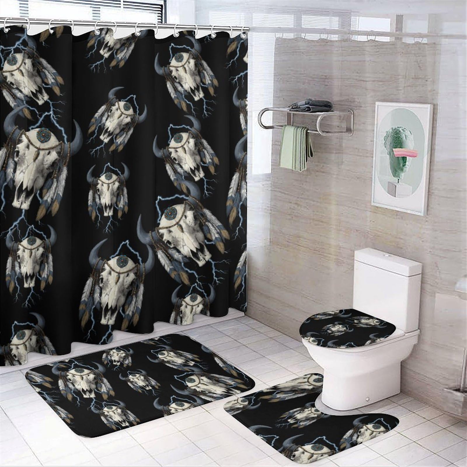 CGSBNGHA Vintage 90s Thunder Native Indian Bison Skull Shower Curtain Set 4 Piece Bathroom Sets with Rugs Toilet Lid Cover And U-Shaped Floor Mat
