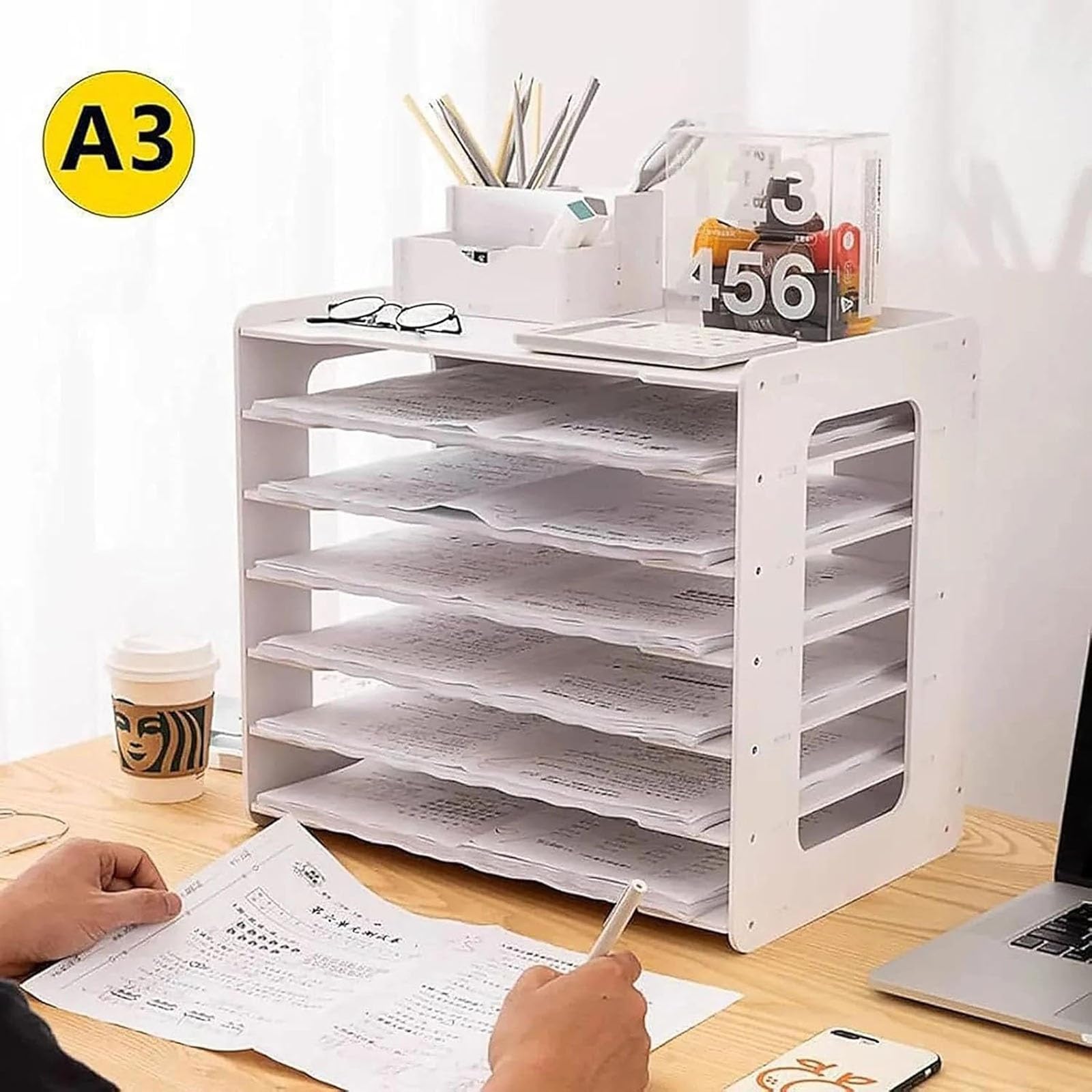 Organizzatore da scrivania, Contenitore per Documenti A3, Organizer a 7 Livelli per Lettere, vassoi Portadocumenti e Raccoglitore, Organizer da scrivania in Legno.