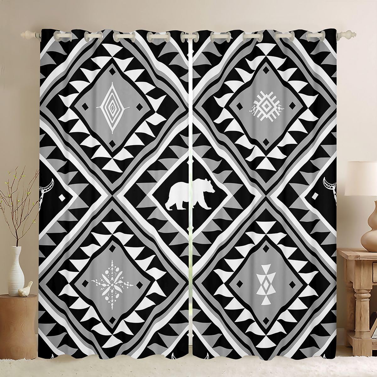 Rideau bohème pour salon ethnique Homewish motif ours et losange gris style ferme sauvage
