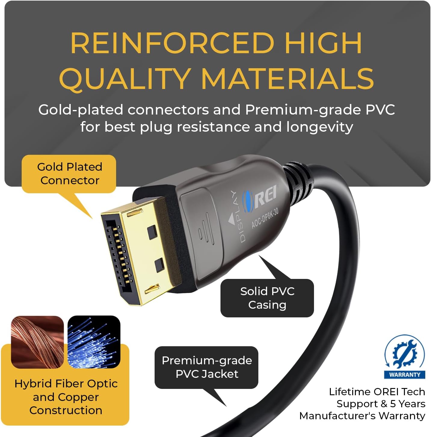 OREI 8K DisplayPort 2.0 Active Optical Cable 30ft, 54Gbps UHBR13.5, 8K@60/30Hz, 4K@144Hz, HDR10+, Dolby Vision, VRR, EMI-Free, Gold-Plated, PVC Cable (AOC-DP8K-30)