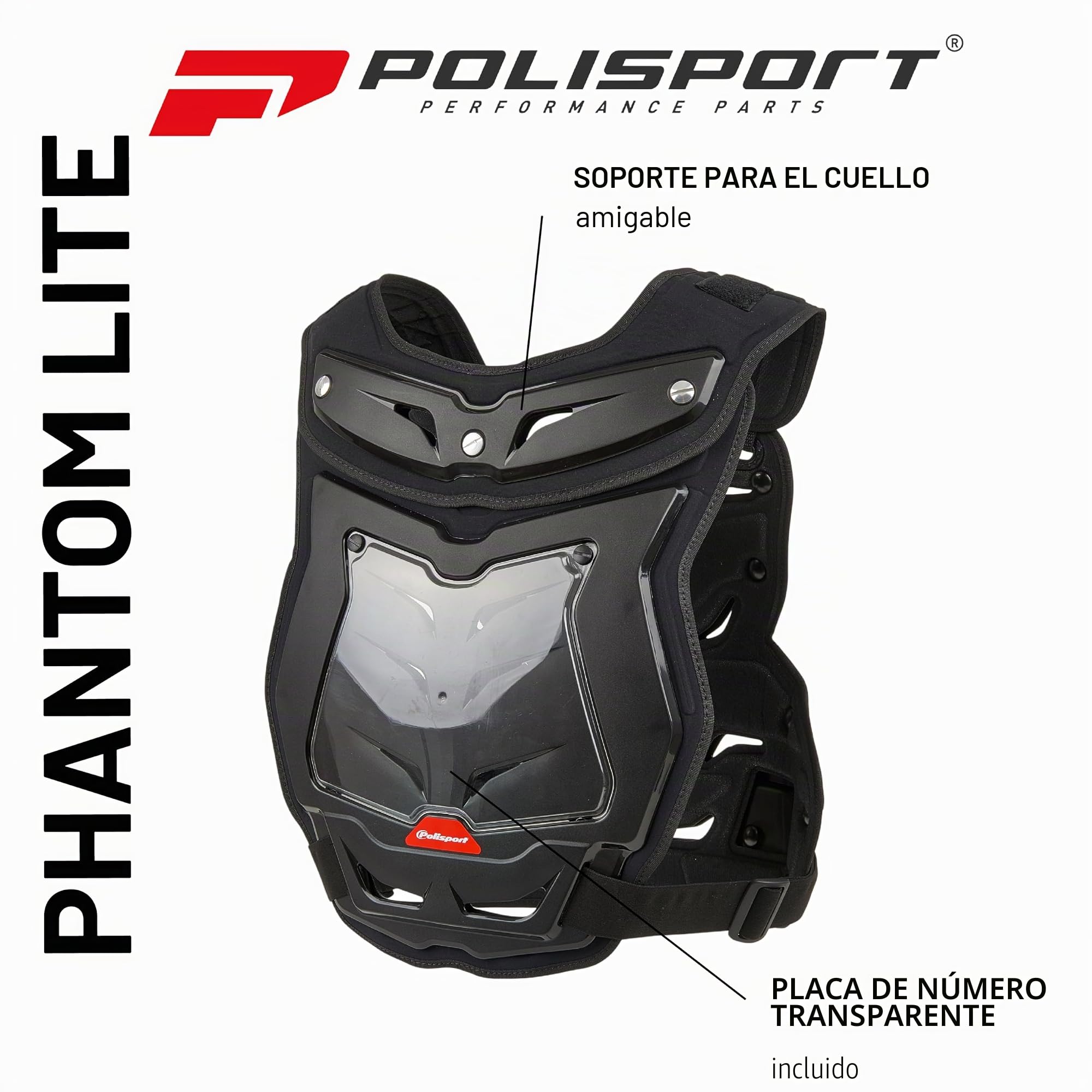 POLISPORT 8003700001 - Protector de peto Phantom Lite con hombreras ajustables y hebillas en el pecho, confortable y adaptable al cuerpo en color negro