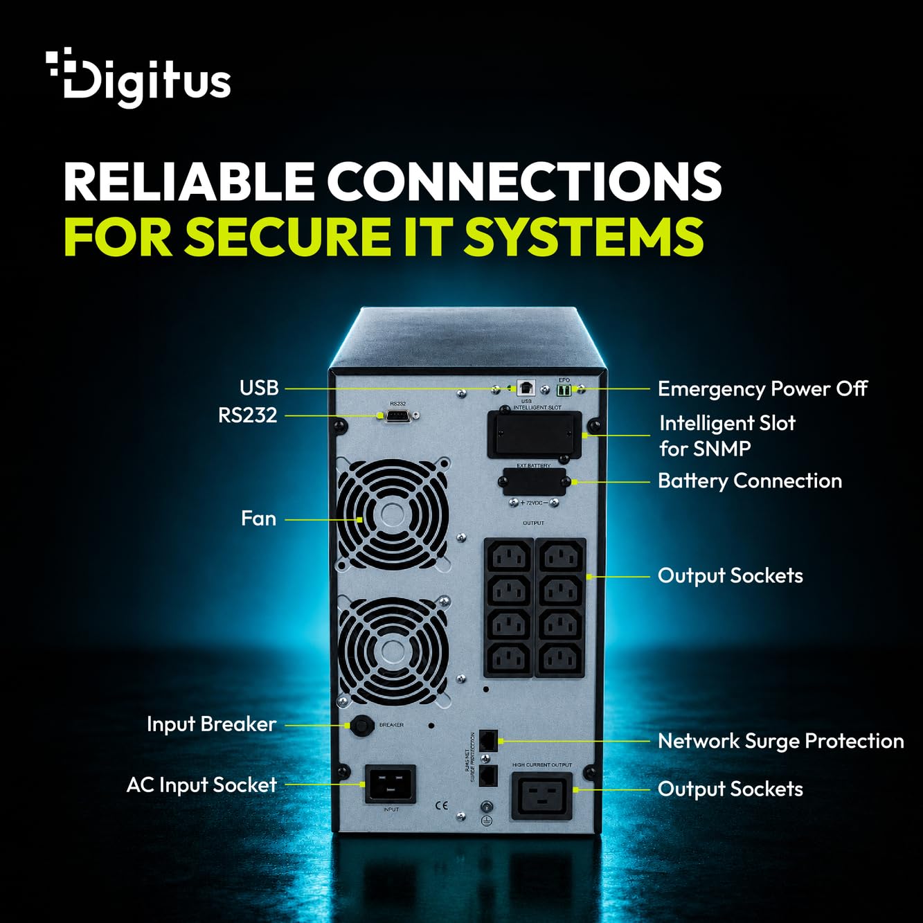 DIGITUS OnLine USV-System – 3 kVA 3 kW – 8X IEC C13 Steckdosen – Tower | Unterbrechungsfreie Stromversorgung – Leistungsfaktor 1,0 – UPS Software – RS232, RJ45 & USB-Port – Schwarz