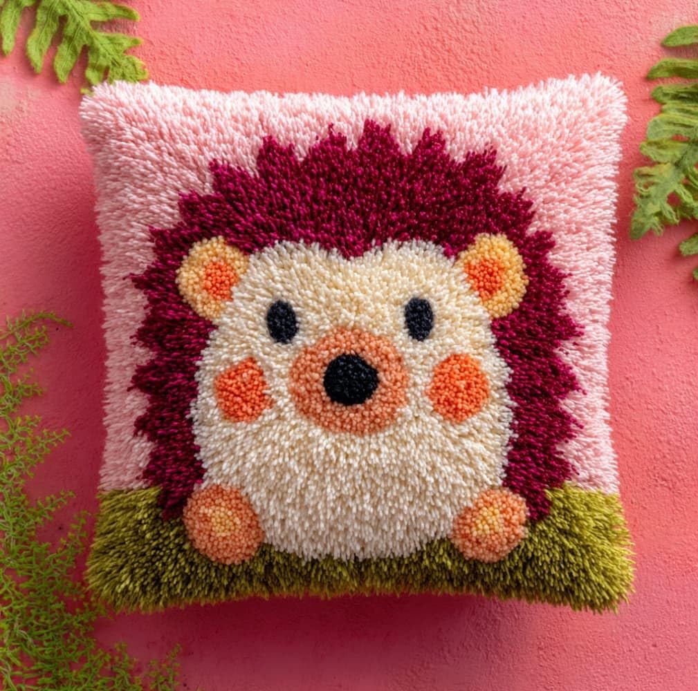 Henypt Premium Latch Hook Kit,Cute Hedgehog 43x43cm DIY Sofa Pillow Cover,Printed Pattern Crochet Kit with Tools & Yarn for All Ages