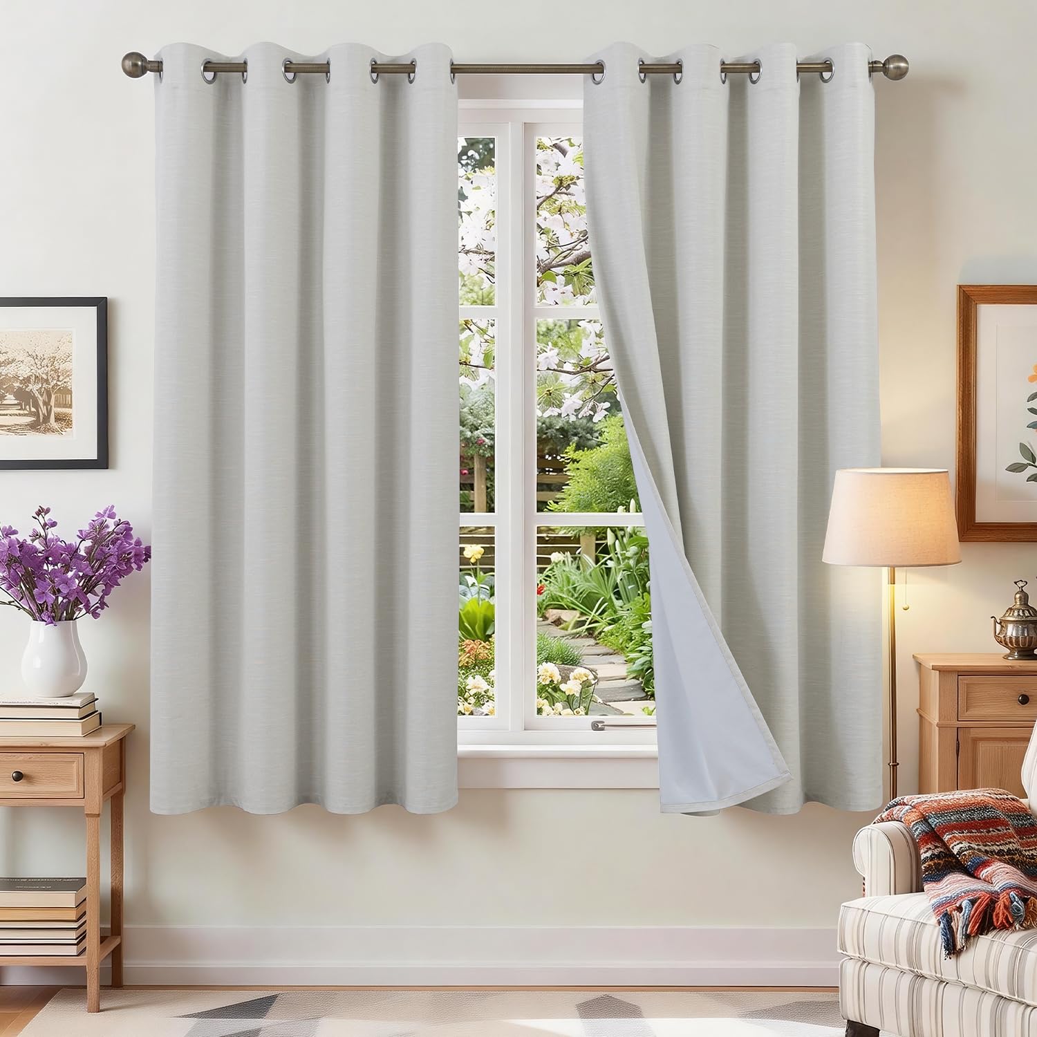 Runyéla 100% Verdunklungsvorhänge Leinen Gardinen mit Ösen 2er Set, Leinenoptik Vorhänge Blickdicht Thermovorhang Hitzeschutz, Schallschutz Thermogardine für Schlafzimmer Wohnzimmer Blackout Curtain