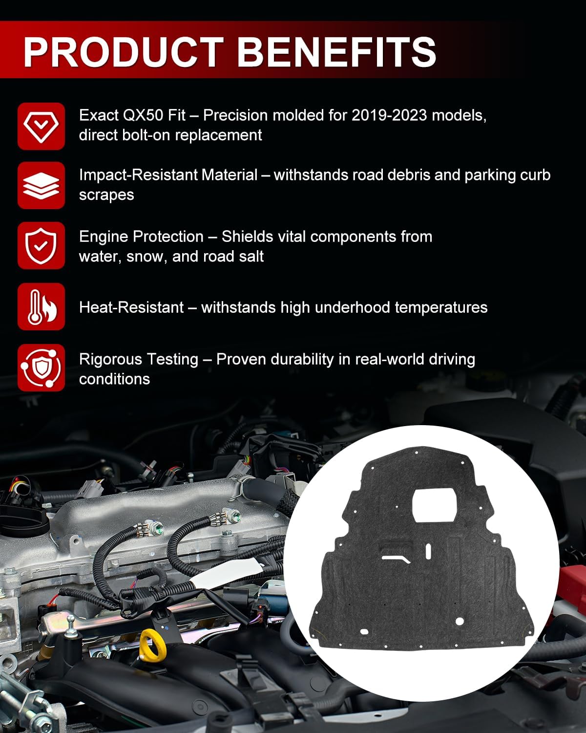 Front Lower Engine Under Cover Fit for 2019-2023 Infiniti QX50 Engine Splash Shield Undercar Bottom Cover Plastic Replace OE 75881-5NA0A 758815NA0A Splash Guard Shield Cover