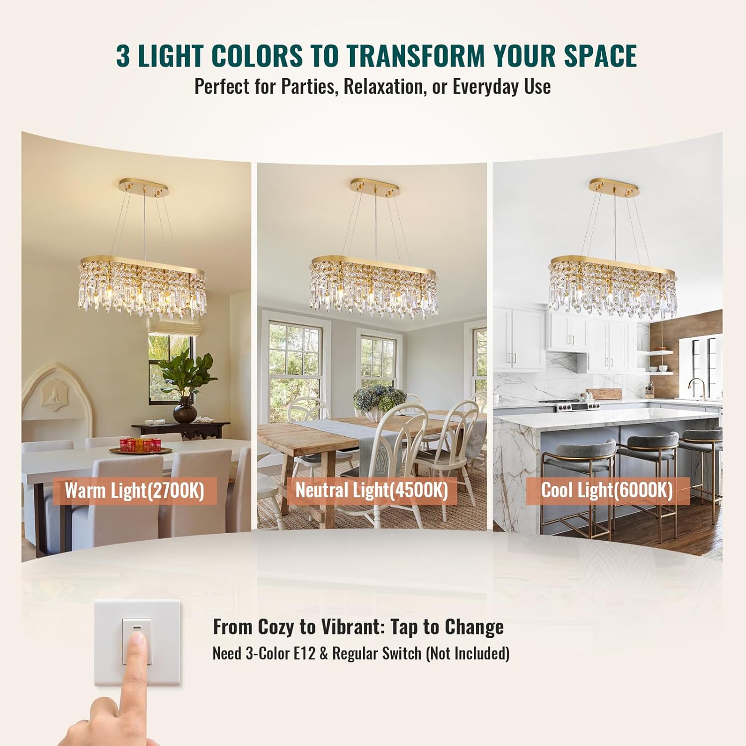 Siljoy Modern Crystal Chandelier for Dining Room, 8-Light Rectangular Gold K9 Crystal Raindrop Pendant Ceiling Light Fixture for Living Room Kitchen Island Bar L31.5'' x W11'' x H11''