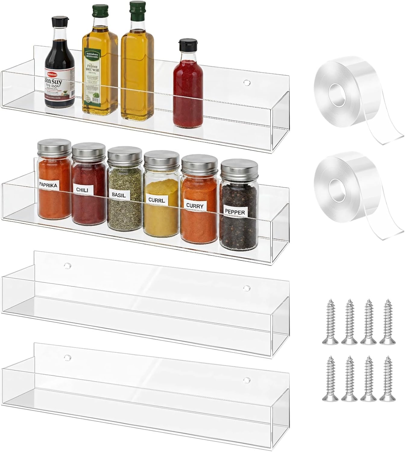 4 Pcs Clear Acrylic Spice Rack Wall Mount, Hanging Adhesive Spice Organizer for Kitchen Pantry, Storage Shelves, Space Saving Design