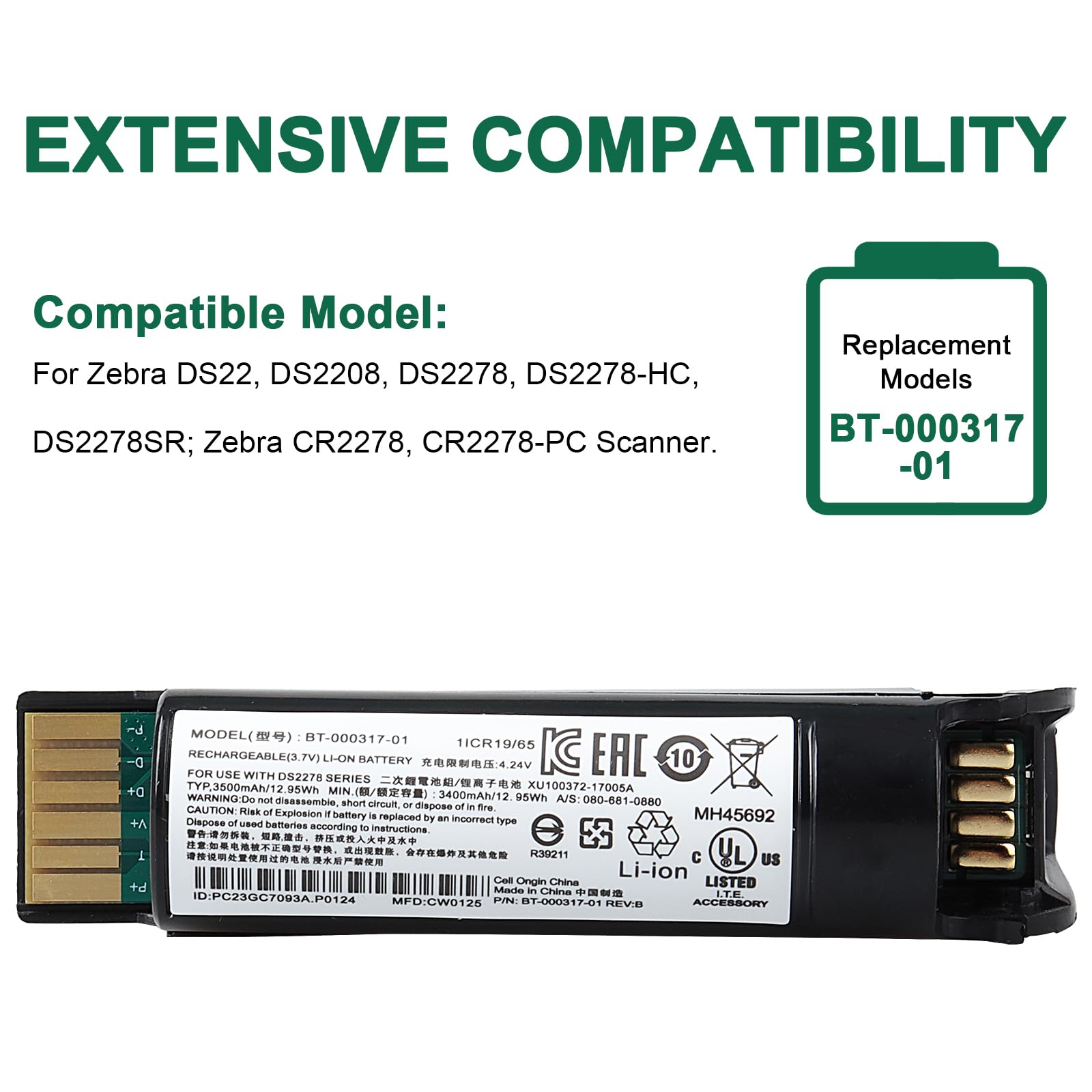 Bateria 3400mAh kompatybilna z Zebra DS22, DS2208, DS2278, DS2278SR, CR2278, CR2278-PC Series Scanner, BT-000317-01 skaner baterii 12,95 V