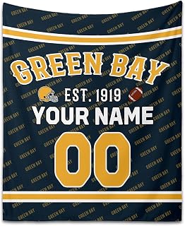 Ships Next Day, Personalized Green Bay Football Blanket with Name & Numbers - Printed in USA, Custom Football Team Game Flannel Blanket for Women Men, Gifts for Boys Sports Lover Fans Kids Adult