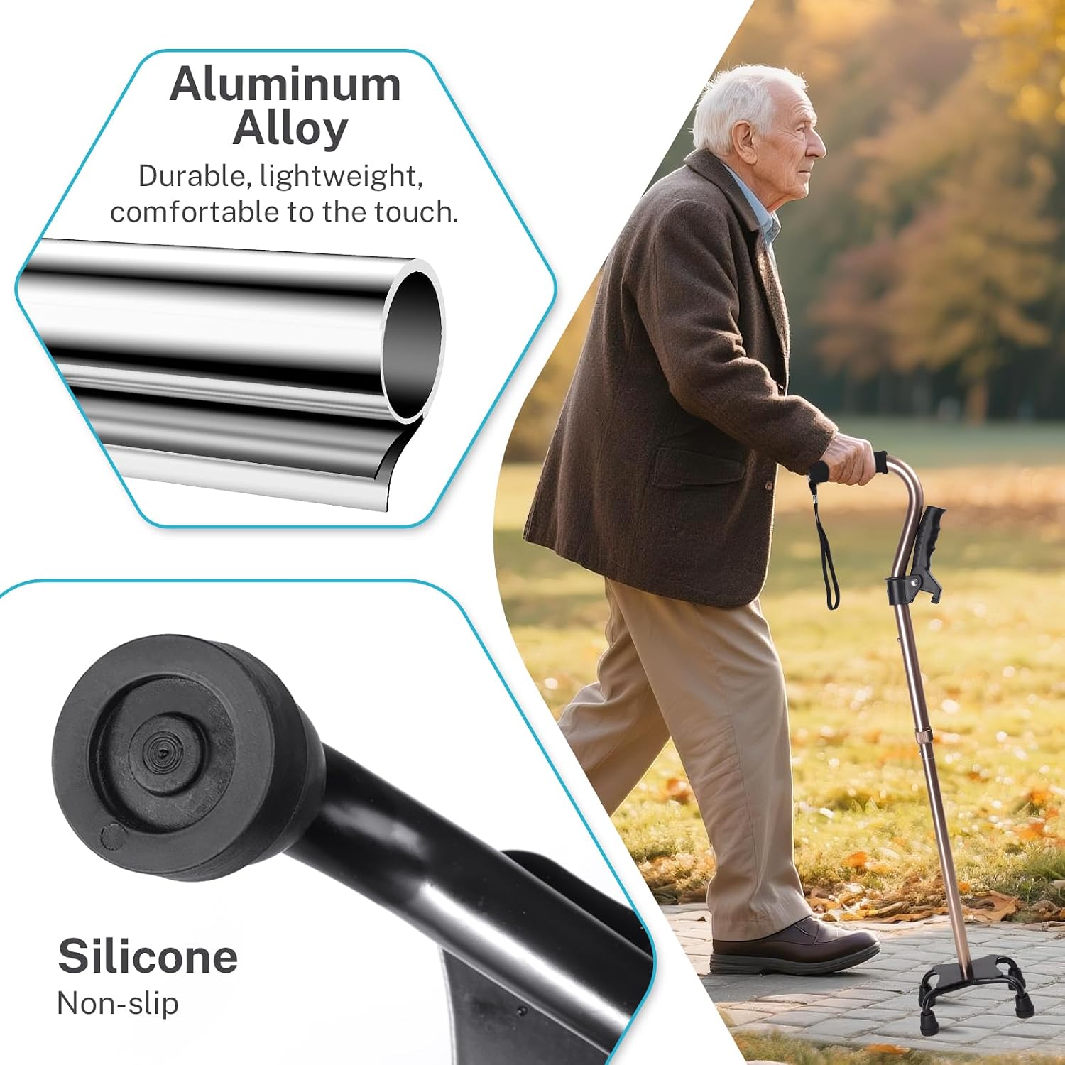 Adjustable Walking Cane for Men & Women – 4-Pronged Base for Stability – Foldable Cane for Seniors with Foam Padded Offset Handle(Champagne)