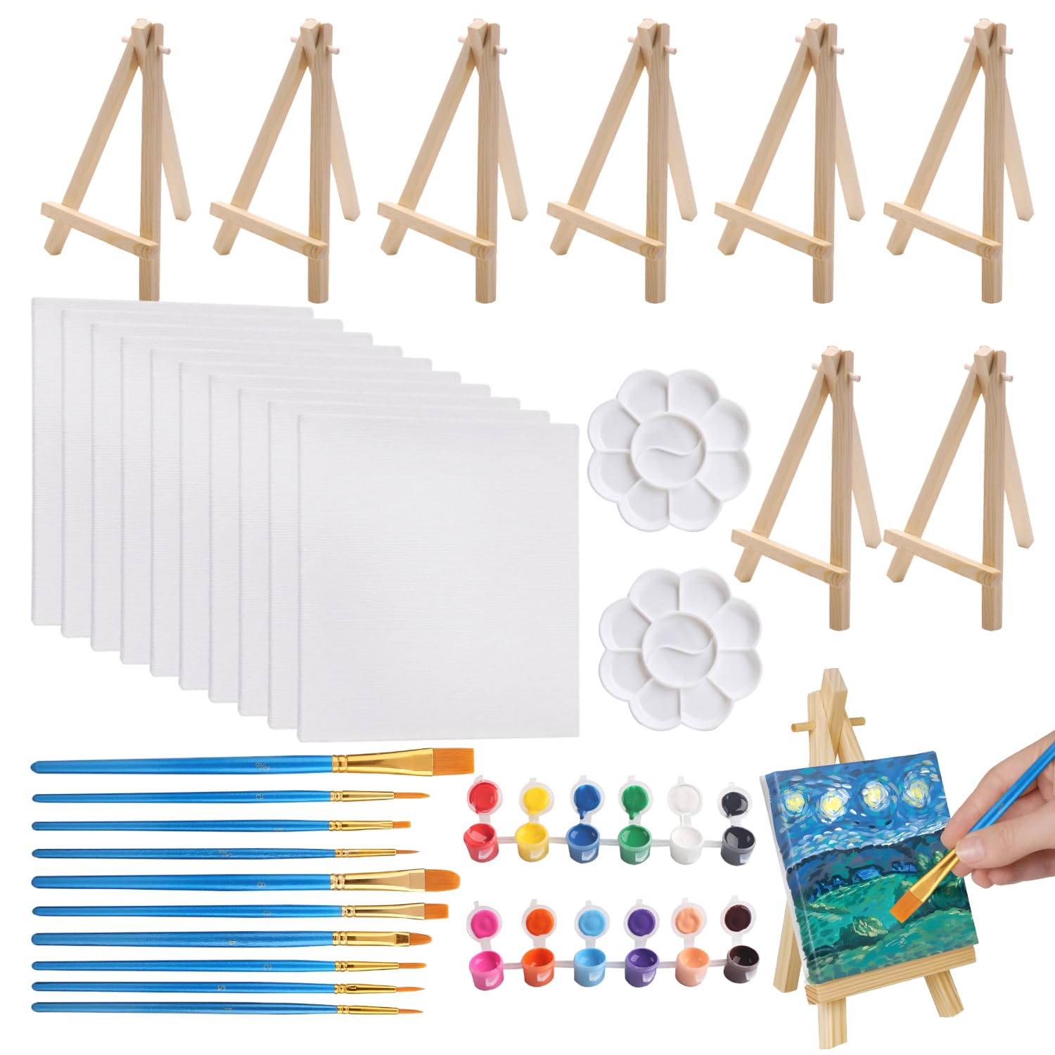 9*16cm Faltbare Mini Staffelei Dreieckige Holz Staffelei Kleins Mit Mini Leinwands Farbe Pinsel 10 St 15*15cm Kleine Leinwand zum Bemalen DIY Malerei Hochzeit Tischdekoration Weihnachten Party (34)