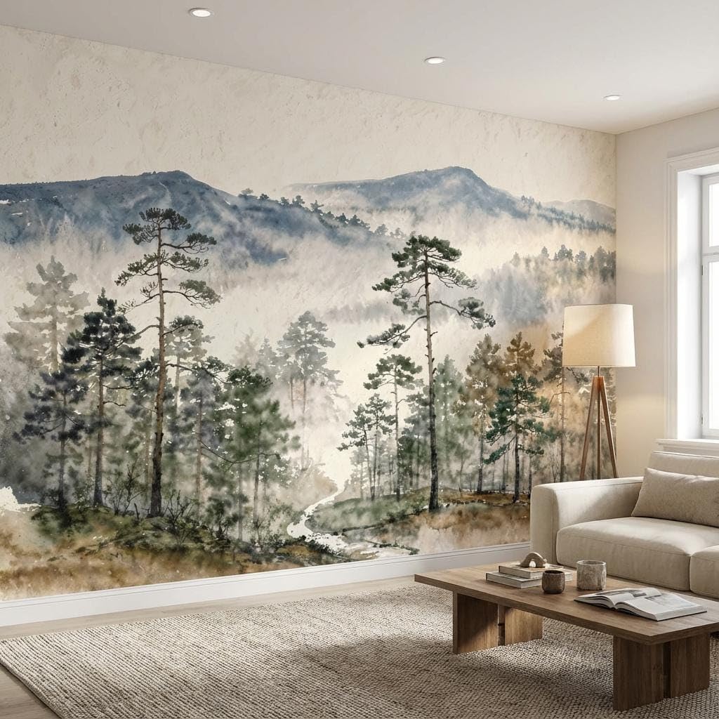 Sunny Graphics Print Misty Forest Photo Mural Nature Wallpaper Wall Covering of Watercolour Painting with Trees Stream Mountains Wall Art Home Office Decoration