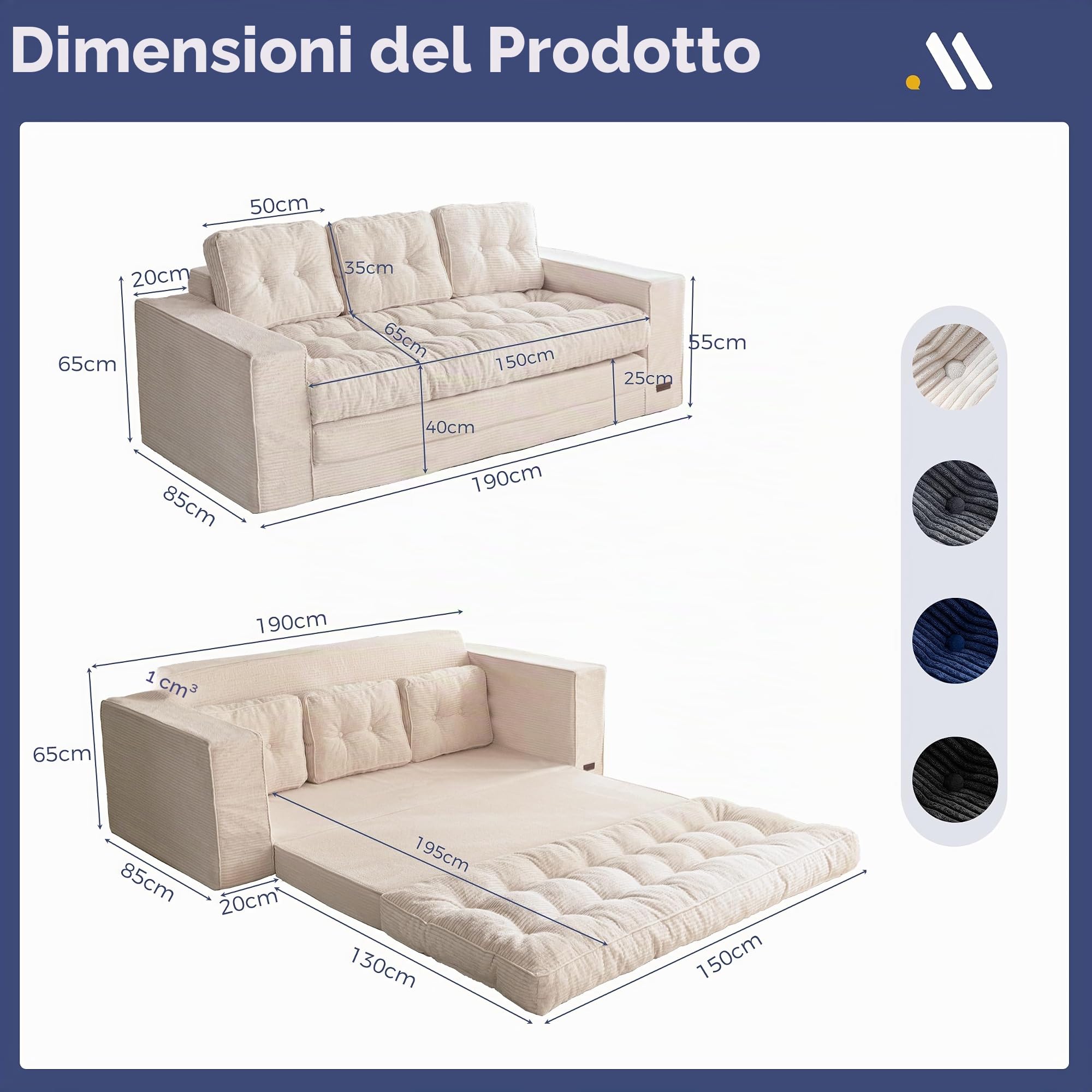 MAXYOYO Divano Letto da Pavimento, Larghezza 190 cm, con Cuscino, Pieghevole 2 in 1, 3 Posti con Funzione di Sonno, Superficie 101 x 196 cm, per Soggiorno, Camera da Letto, Lounge