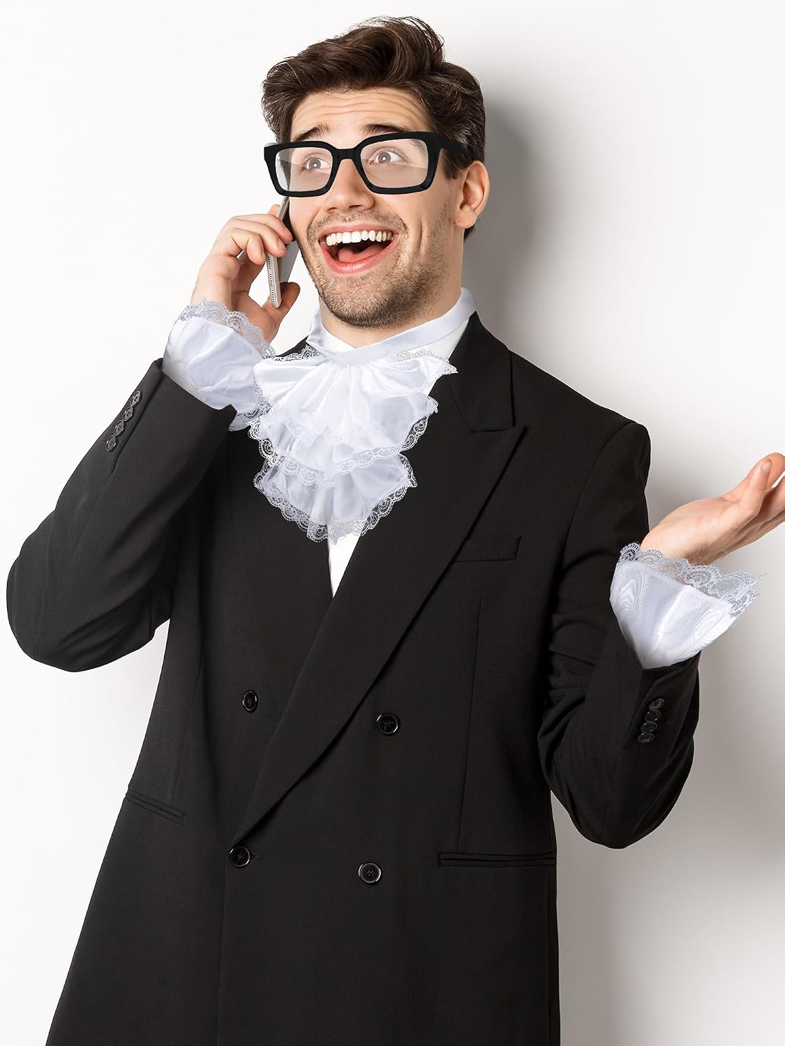 Tigeen 4 Pcs Halloween White Colonial Lace Jabot Cuffs Nerd Costume Glasses Set, Unisex Lace Jabot Collar Cuffs Black Eyeglasses for Cosplay Costume