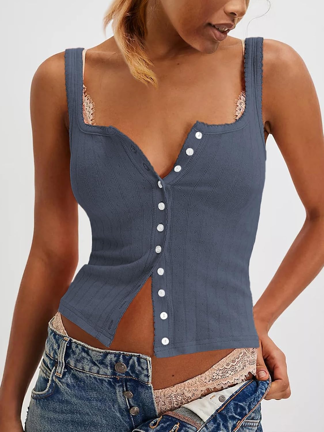 Women Ribbed Tank Tops Sleeveless Button Down Camisole Summer Scoop Neck Cropped Top - Image 2