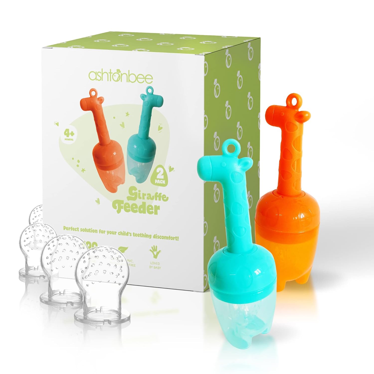 Ashtonbee - Giraffe Baby Fruit Feeder and Teething Pacifier, 2-in-1 Baby Food Feeder for Baby Teething Relief, Food-Grade Silicone Teether, for Babies 3 Months and Up, Pack of 2