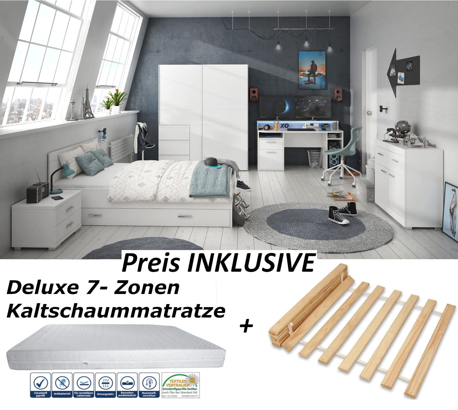 M Möbel-Direkt Deutschlands schnelle Möbel Jugendzimmer Tezaur Snow - Gamingzimmer mit Gaming-Tisch Komplett Set, MDF Weiß, Matratze & Lattenrost optional - Verschiedene Set Varianten (8 teilig)