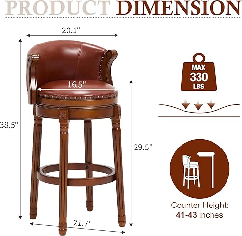 Miniatura 3 de CozyRain Taburetes de bar de madera de goma, taburete de bar tapizado de cuero con respaldo y reposapiés para el hogar, cocina, mostrador, comedor