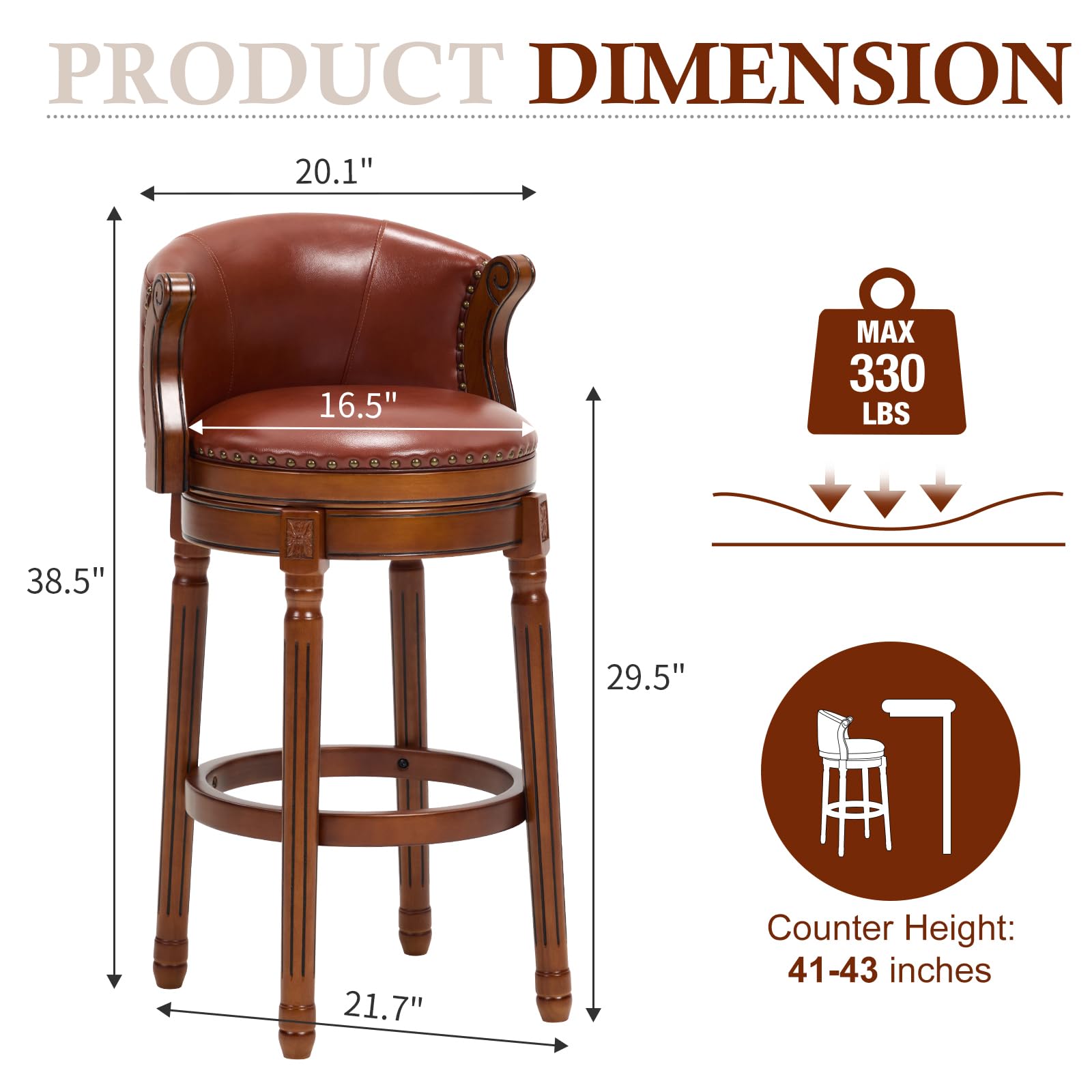 CozyRain Tabourets de Bar pivotants en Bois d'hévéa avec Dossier et Repose-Pieds pour la Maison, la Cuisine, Le comptoir, la Salle à Manger (Marron, Hauteur du siège 75 cm)