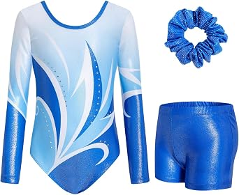 JiAmy Girls Gymnastics Leotards 3 Pcs Long Sleeve Sparkly Dance Biketards | Glitter Ballet Dance Unitards Biketards Activewear with Short & Scrunchie, Tumbling Outfits, for Girls 3-12Y