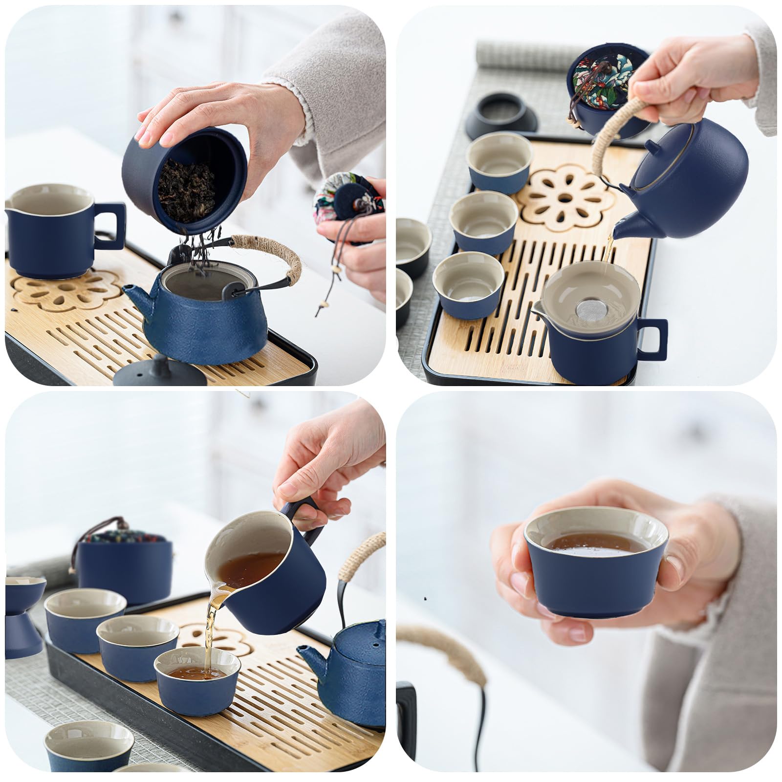 14 Pièces Thé Complet - Service à thé en Porcelaine avec et Plateau, Service à thé Japonais, Service à thé chinois pour Thé en Vrac,6 Tasses en Céramique Isolées de 120 ml,220ml Théière Thés à Fleurs