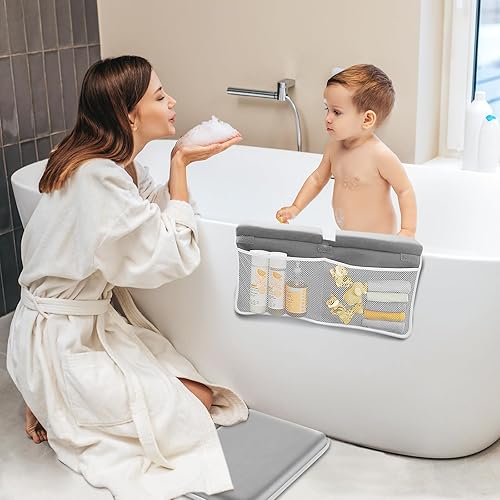 Miniatura 3 de Juego de rodilleras y coderas de baño para el baño del bebé, alfombrilla gruesa de espuma viscoelástica de secado rápido con bolsillos organizadores