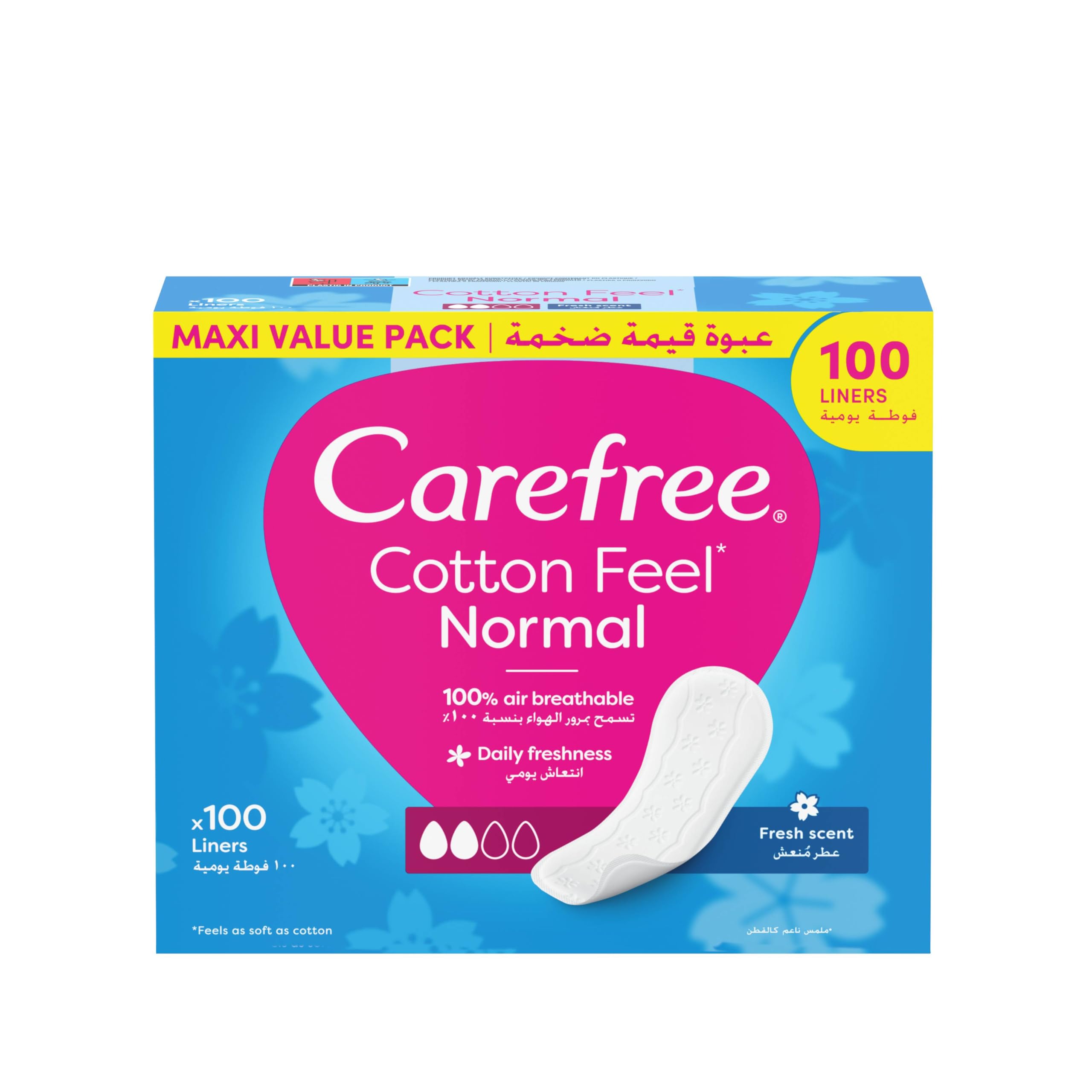 Carefree Cotton Fresh Scent Panty Liners, 100% Breathable Liners for Everyday Comfort, Ideal for Light Protection and Freshness, Normal Size, Pack of 100