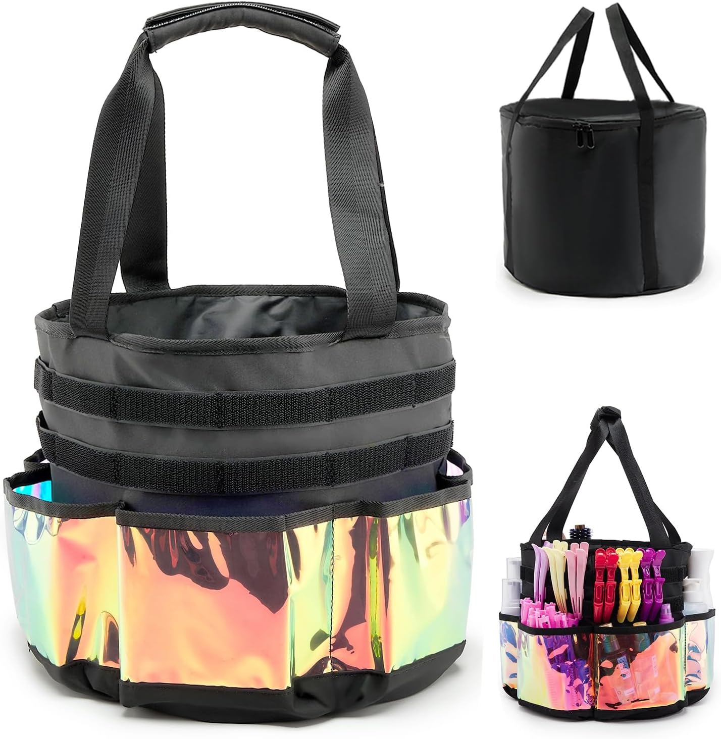 Hairstylist Travel Bag, with Dust Cover, 11L Large Capacity, Heat-Resistant Interior, Iridescent Pockets, 24 Hook-and-loop Slots, Top Drawstring, Makeup & Pet Grooming Supplies Organizer