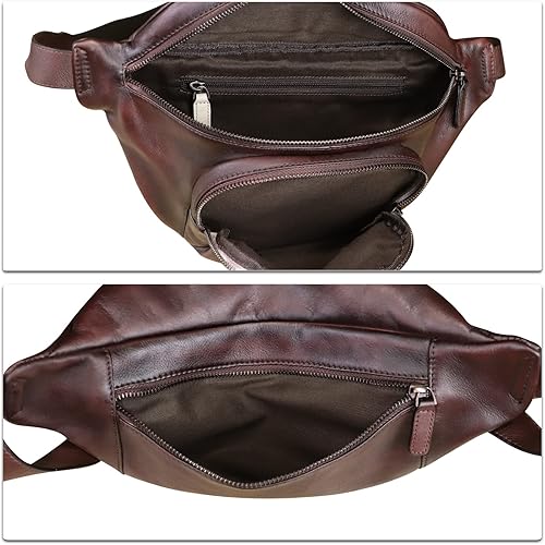 Miniatura 7 de Riñonera de cuero genuino para mujeres y hombres, bolso cruzado de cuero real vintage, bolso cruzado de moda para la cintura, Café, Riñonera