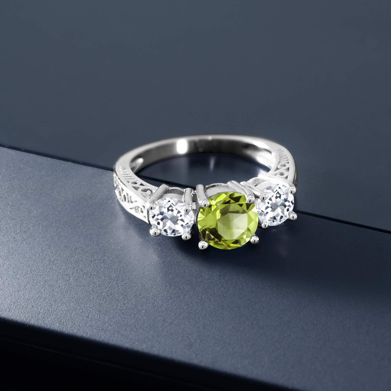 Gem Stone King 3-Stone Ring for Women | 925 Sterling Silver | Gemstone Birthstone and White Topaz | Round 7MM and 5MM | Wedding Engagement Anniversary Promise Ring with Filigree Band | Size 5-9