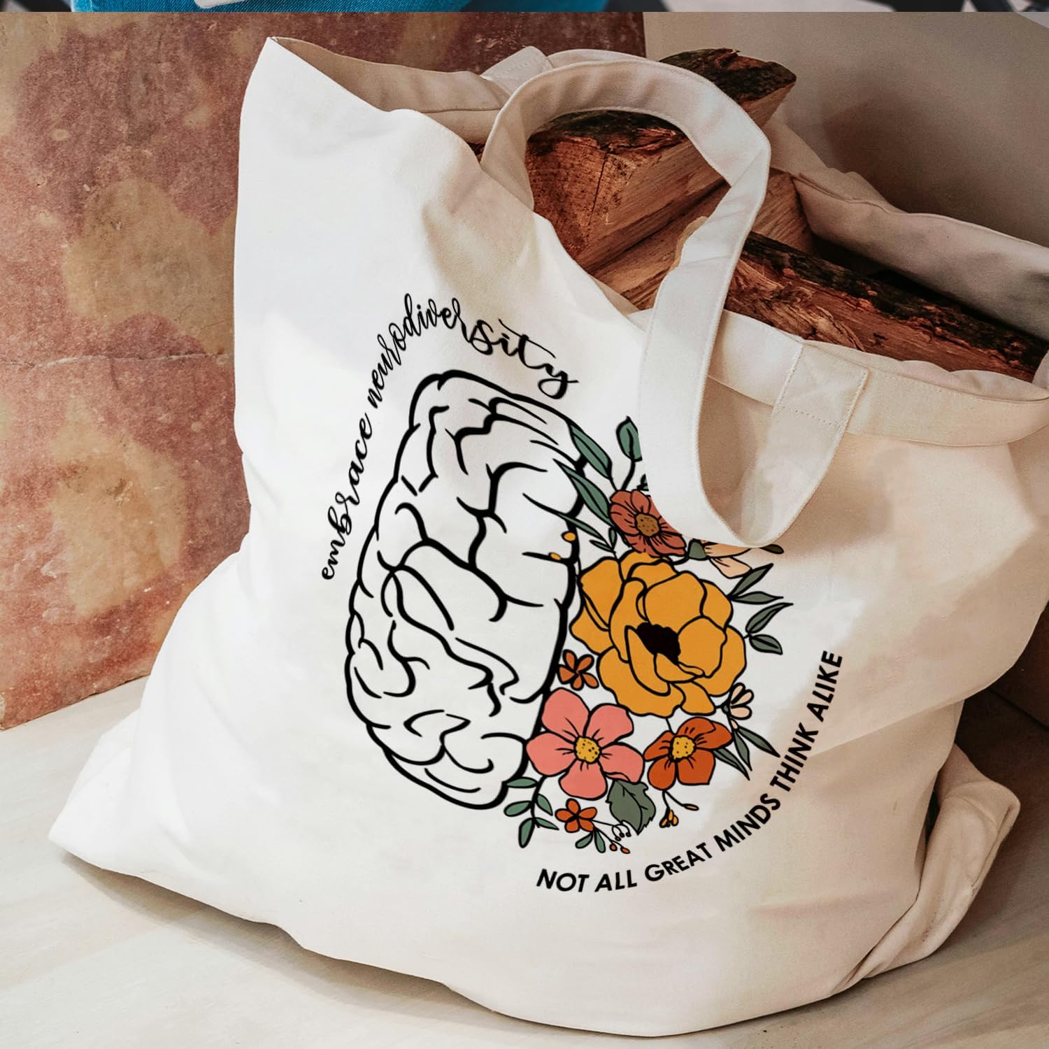 Inspirational Neurodiversity Tote Bag, Autism Awareness Floral Canvas Tote Bag for Women, Mental Health Gifts for Women, Special Education Teacher Gifts, Reusable Grocery Bags Shopping Bags - Image 6