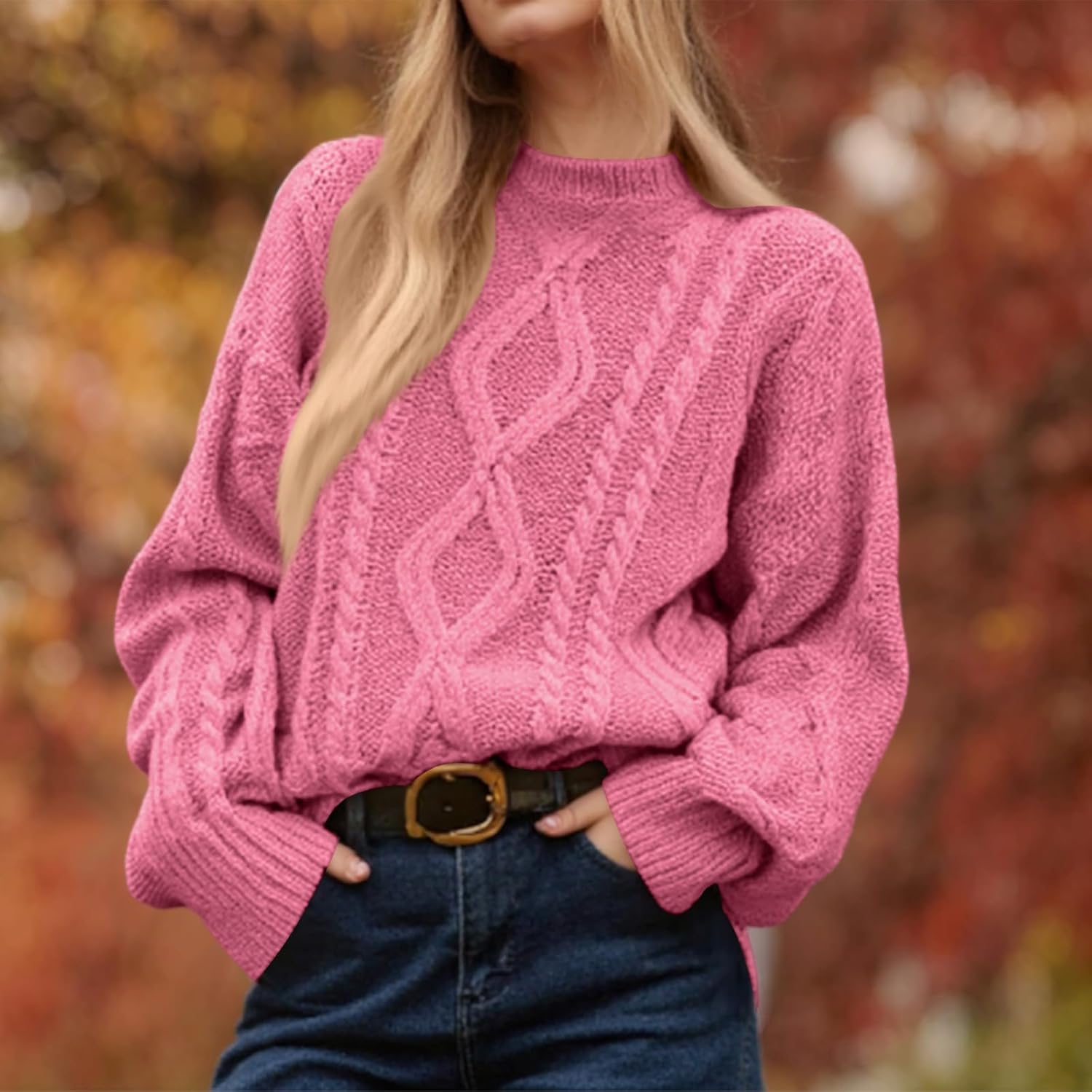 Women's 2025 Fall Knitted Sweaters Oversized Casual Lightweight Long Sleeve Cable Knit Crewneck Pullover Tops - Image 3