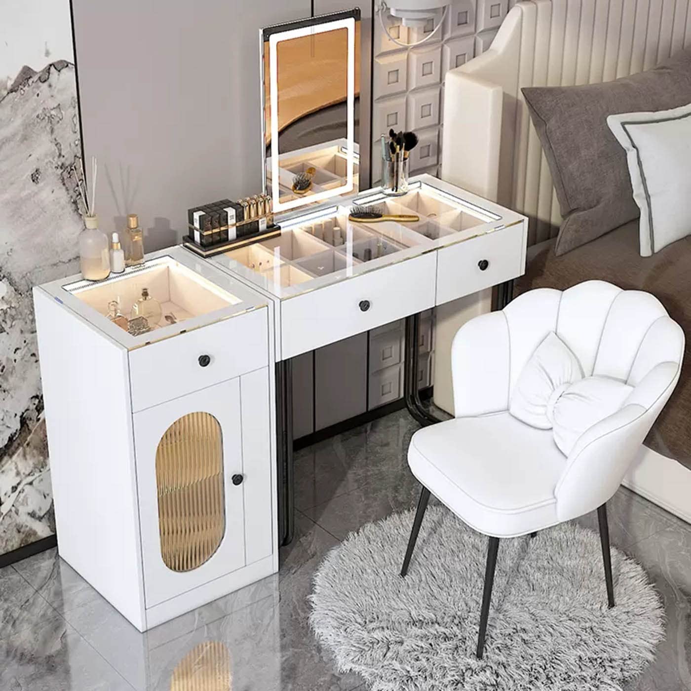 Sogesfurniture Set Da Toeletta Con Specchio LED 3 Luci E Sgabello Imbottito, 2 Cassetti Divisori, Colore BHCA