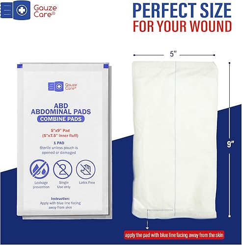 Miniatura 2 de GauzeCare Almohadillas Abdominales Estériles - Compresas Combinadas ABD Paquete de 50, 5 x 9 Pulgadas Extra Absorbentes y Gruesas, Apósito para