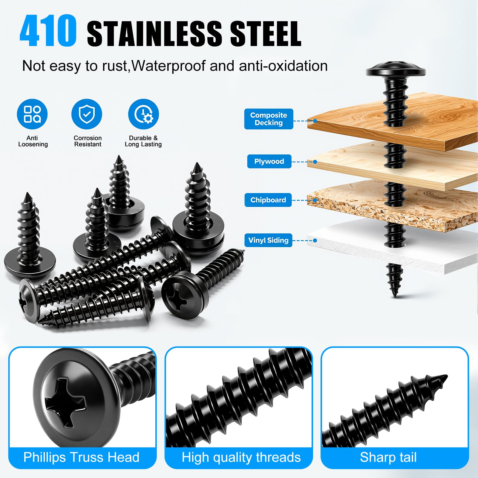 mxuteuk 820 tornillos de madera #8#10, tornillos negros de acero inoxidable 410 para madera, tornillos autorroscantes de metal rápido de 0.5 pulgadas, 0.63 pulgadas, 0.75 pulgadas, 1 pulgada, 1 a 0.25