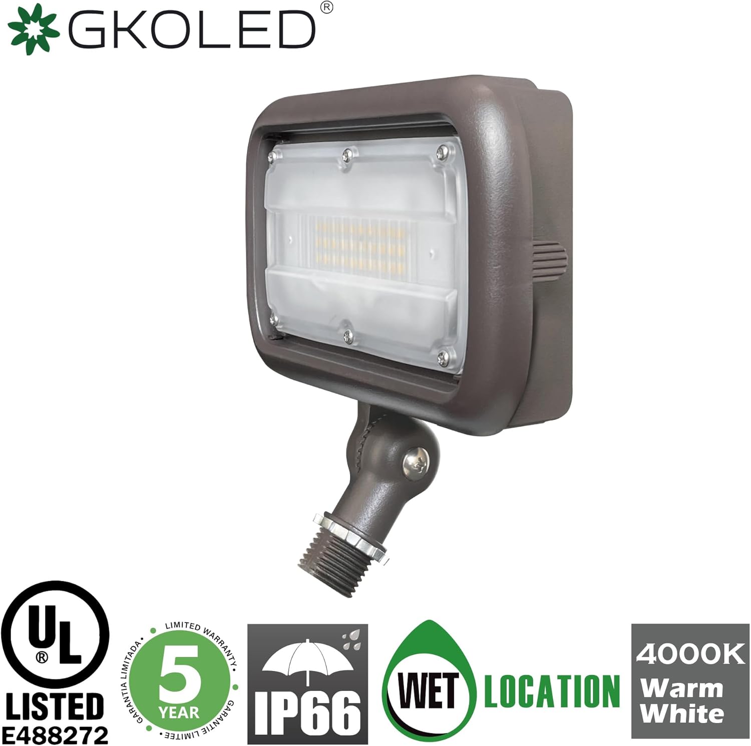 GKOLED 30W LED Floodlight, Outdoor Security Fixture, Waterproof, 100W PSMH Replace, 3000 Lumens, 4000K Cool White, 70CRI, 120-277V, 1/2" Knuckle Mount, UL-Listed